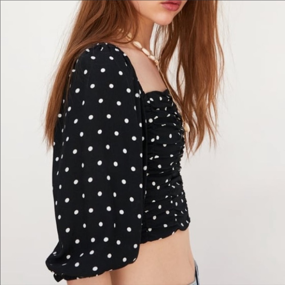 Zara Black Crop Top w/ White Polka Dots | SZ US S - Picture 9 of 9